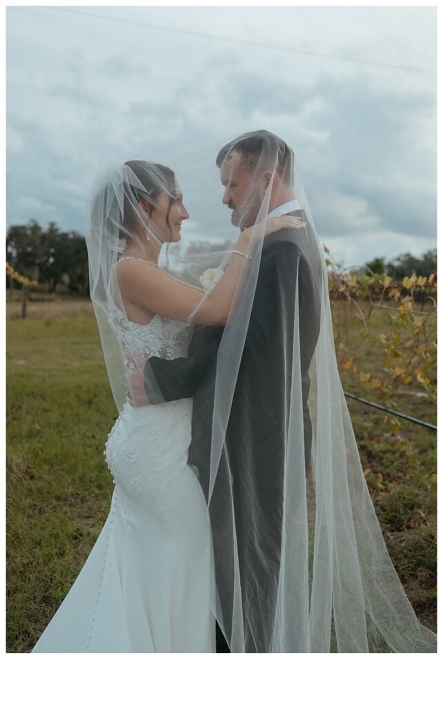 bride and groom smiling at each other under bride veil