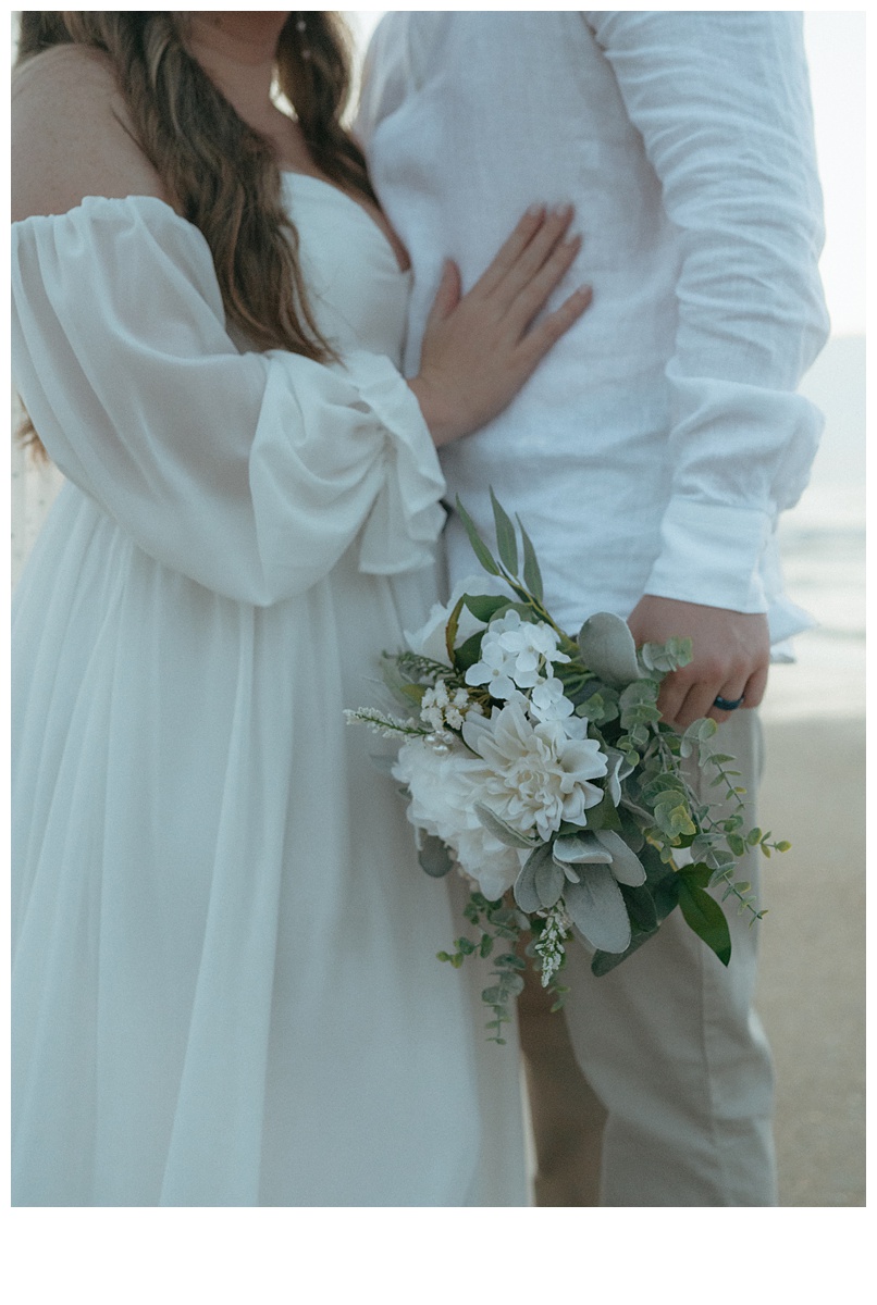 detail photo of bridal bouquet on beach