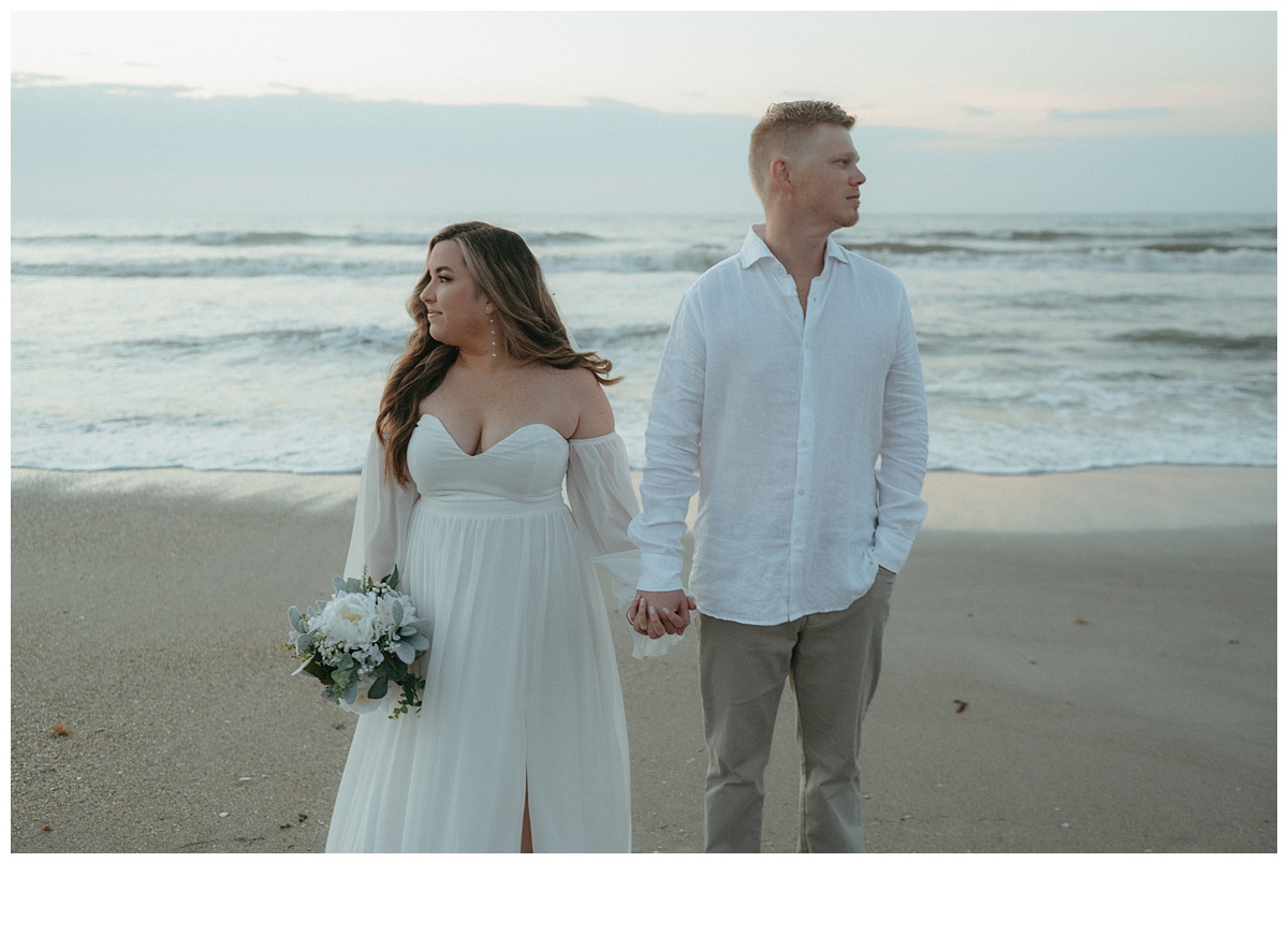 bride and groom looking in opposite directions