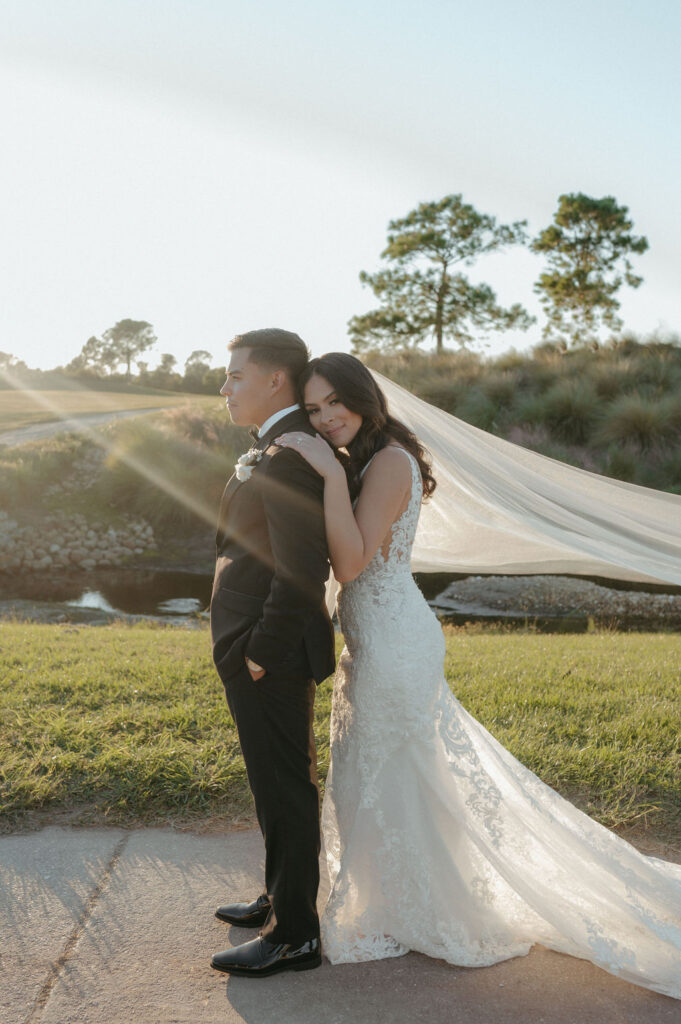 bride and groom golden hour portraits in Florida